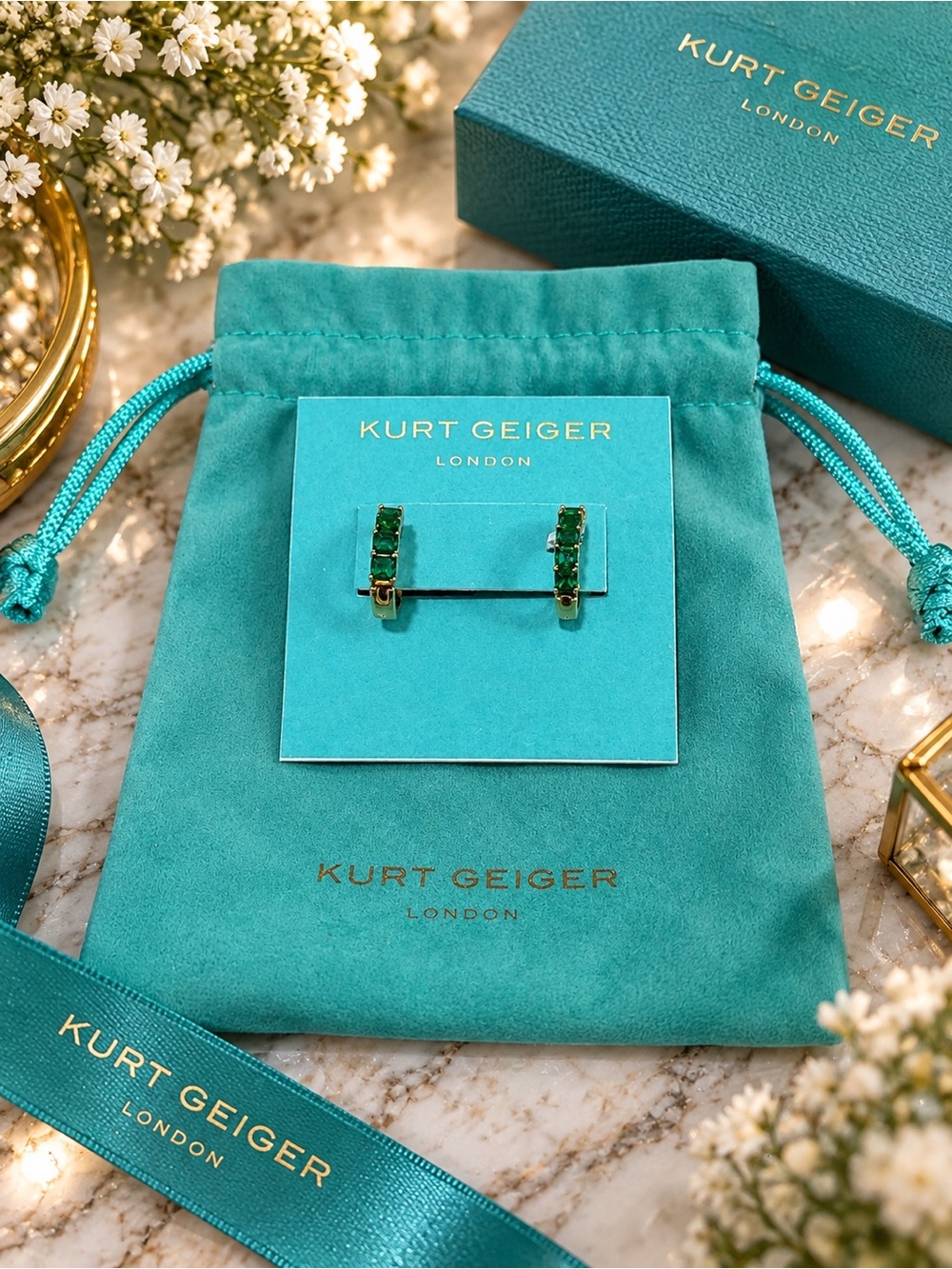 Kurt Geiger green stone with gold tone earrings brand new